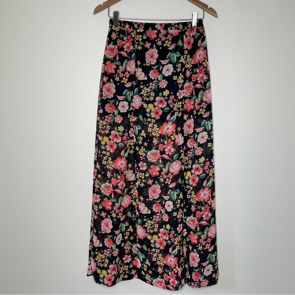 Forever 21 Sheer Black and Pink Floral Maxi Skirt with High Leg Slit - Picture 2 of 6
